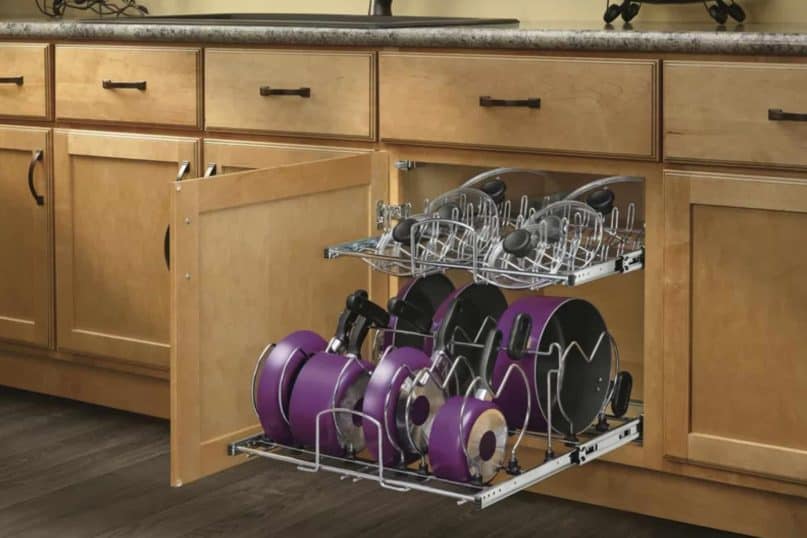 Use Wire Shelf Inserts in the Cabinets to Stack Pots, Pans, and Lids